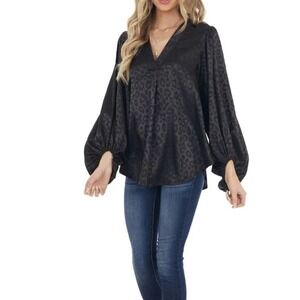 Eesome Black Metallic Balloon Sleeve Blouse Animal Print Preppy Size Large